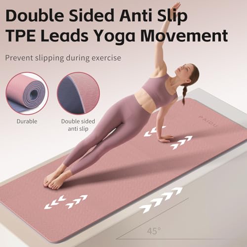 PAIDU Yoga Mat 8mm TPE Non‑Slip Fitness Mat with Strap for Home Workouts | SGS Certified, Odorless, Tear‑Resistant, Unisex, for Yoga, Pilates, Meditation, Home & Gym Workouts - color: Deep Pink&Grey