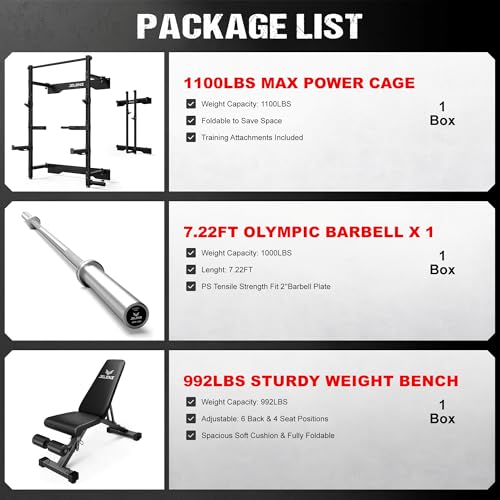 JELENS FS01 Folding Squat Rack, Wall Mounted Power Rack for Home Gym, Space Saving Multi-Functional Power Cage with More Attachments - color: Black, size: FS01 Home Gym Package