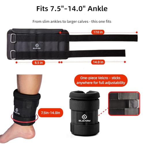 ELEAMY Adjustable Ankle Weights for Women & Men - 1-8/15lb Pair - Black | Removable steel plates & adjustable weight, comfortable & tear resistant. For walking, running, yoga, gym. 1 pair