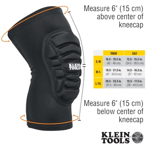 Klein Tools 60592 Knee Pads, Lightweight Padded Knee Sleeves, Breathable Mesh Back, Elastic Cuff with Slip-Resistant Silicone, Black, L/XL - size: L/XL