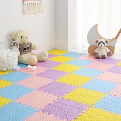 Foam Play Mat for Baby, EVA Non-Toxic Interlocking Floor Mats, Solid Colored Foam Puzzled Floor Mats, Baby Play Mat Exercise Mats, 16 Tiles(Pink/Purple/Yellow/Light Blue) - color: Pink/Purple/Yellow/Light Blue, size: 16 Pcs/47.2*47.2