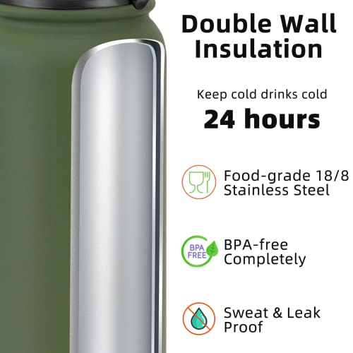 Fanhaw 40 oz Insulated Stainless Steel Water Bottle with Chug Lid, Leakproof & Sweat-Free Extra-Large Metal Bottle for Outdoor, Hiking & Gym (Olive Green) - color: Olive Green, style: 40 Ounces