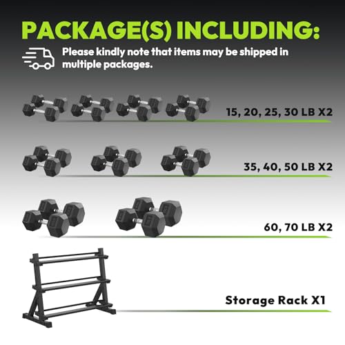 HANDBODE Rubber Coated Hex Dumbbell Set with Rack, 300-840 lb | Fixed Weights Sets with Heavy Duty Storage Stand, Multiple Weight Options Home Gym Equipment for Strength Training - style: 690 lb Set (15-70 lb) with Rack