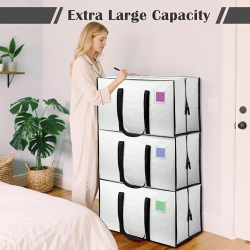 6 Pack Moving Bags Heavy Duty 210GSM with Full-Open Side Zipper, 93L 65lbs Waterproof Foldable Storage Totes for College Dorm Move-In, Moving Boxes Alternative & Home Organization,White - color: White, size: 6 Pack