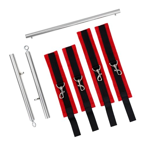 3 in 1 Heavy Duty Stainless Steel Expandable Spreader Bar with 4pcs PU Rose-Gold Adjustable Straps,Workout Bar for Home Gym Training Bar,Portable Detachable Pilates Kit - style: Silver+Red Furry Kit