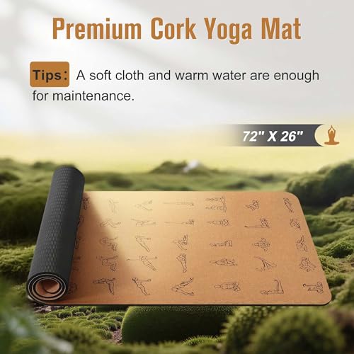 Umineux Cork Yoga Mat 1/4 & 2/5 Inch Thick 72 x 26 in | Thick Cork and TPE Non Slip Yoga Mats for Women Men, Sweat Proof, Sustainable, Great for Hot Yoga & Workouts - color: Print, size: 6MM