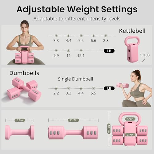 2-in-1 Adjustable Dumbbell Set for Women - 4 Levels (2.2lbs to 12.1lbs) - Home Gym Weights for Women at Home - Fitness Dumbbells - color: Pink