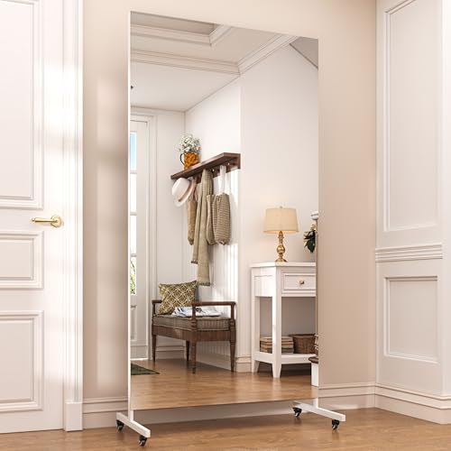 Hasipu 71" x 28" Large Full Length Rolling Mirror with Wheels, White | Tempered glass, sturdy metal frame, smooth rolling casters, removable stand, ideal for gym, bedroom, dance studio & yoga. - color: White, size: 71"L x 28"W
