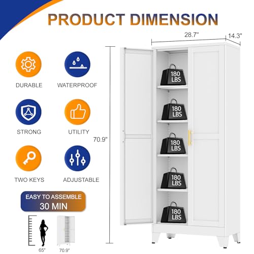 Metal Storage Cabinet with 2 Doors and 4 Adjustable Shelves - 71" Steel File Cabinet,Tool Cabinets for Office,Home,Garage,Gym,School,Bathroom,Kitchen(White) - color: White, size: 71H