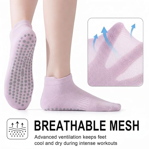 5 Pairs Pilates Socks with Grips for Women Non Slip Grip Yoga Crew Socks for Barre Hospital Barefoot - color: B - 2 Purple 2 Pink 1 Green