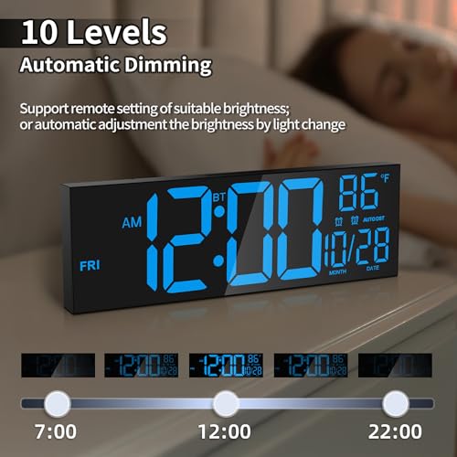 16.5" Digital Wall Clock with Bluetooth Auto-Sync, Large LED Display, Smart Auto Dimming, DST, Remote Control, Night Light, Date & Temperature for Living Room,Black - color: Balck-blue