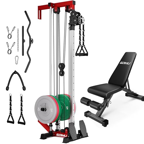 Wall Mount Cable Station, WM1 Cable Crossover Machine with 17 Positions, High and Low Cable Crossover Machine with Removable Footplate for Garage Home Gym - style: 120LBS Colorful with Bench Package RD