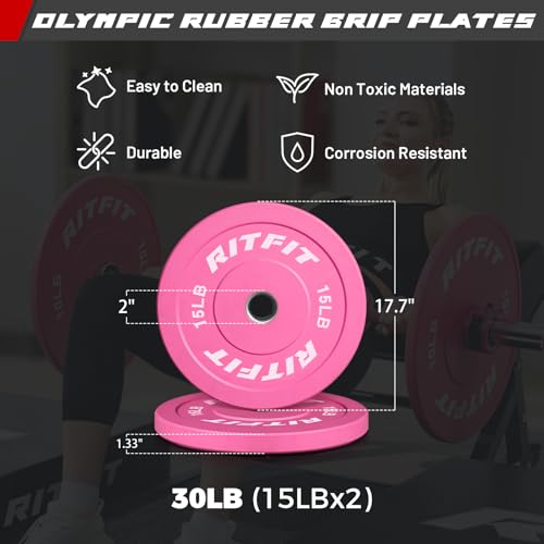 RitFit Barbell Weight Set - 4/6FT Olympic Barbell with Weight Plates (55-115LB Total) - Weightlifting Equipment for Squats, Curls, Deadlifts, Presses, Hip Thrusts - color: Pink, size: 4FT Bar with 30LB Plates (50LB Total)