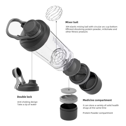 21oz Protein Shaker Bottle with Powder Storage Container-Shaker Cups for Protein Shakes-pre workout bottle-Mixer Cup-Gym Sport Water Bottle -Made with Tritan BPA Free,with Wire Whisk Balls (Black) - color: Black