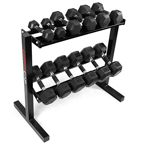 WF Athletic Supply Rubber Encased Hex Dumbbells with Rubber Grip Contoured Handle for Muscle Toning, Strength Building & Full Body Workout - color: u. 210LB Dumbbell Set w/ 2-Tier Rack