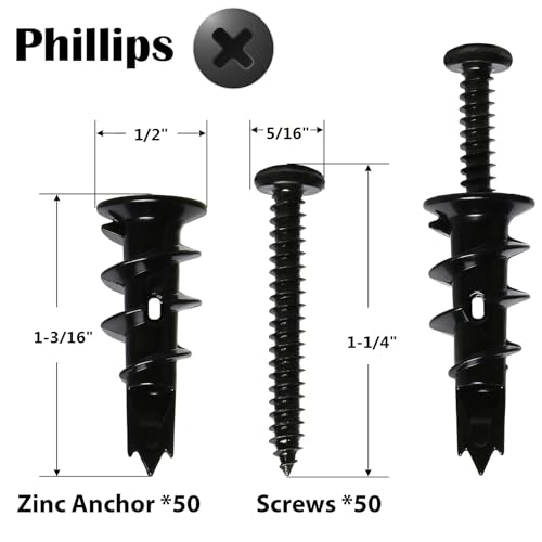 100Pcs #8 Self Drilling Black Metal Drywall Anchor and Screws kit | 50 Heavy Duty Sheetrock Anchors, 50 1-1/4'' Flat Head Screw-Hold 75lbs for Drywall/Plaster/Hollow Door Wall Hanging/ Mounting - size: 50 pack, style: Black Anchors