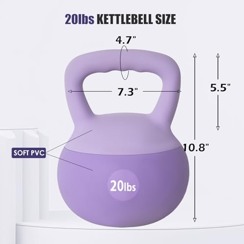 soges PVC One-Piece Kettlebell with Wide Handles, Strength Training Kettlebells 5lb to 35lb Optional for Women of Different Levels, Iron Sand Filled Soft Kettlebell - color: 20lbs - Purple