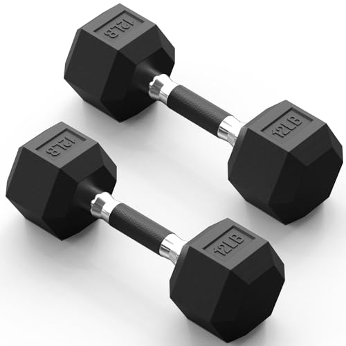 PAPABABE Hex Dumbbell Set 2.5-100lb, Rubber Grip Dumbbells, Home Gym | Complete & Durable Cast Iron Core Odorless Antiroll Hex Shape Ergonomic Versatile Home Gym Comfort Non-Slip Grip - size: 12 lb, Pair, style: Rubber Grip