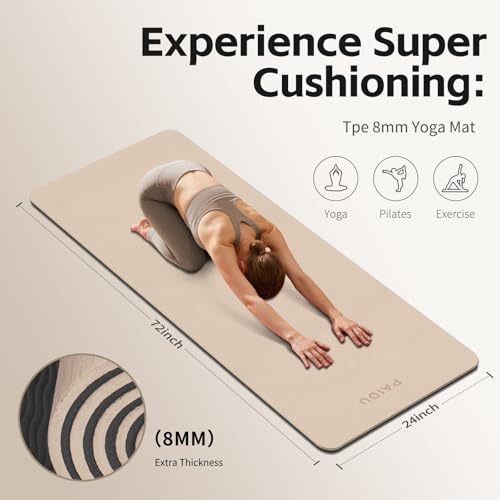 PAIDU Yoga Mat 8mm TPE Non‑Slip Fitness Mat with Strap for Home Workouts | SGS Certified, Odorless, Tear‑Resistant, Unisex, for Yoga, Pilates, Meditation, Home & Gym Workouts - color: Beige&Black