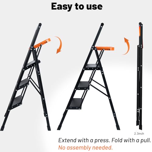 Aluminum 3 Step Ladder with Tool Tray - 600lbs Heavy Duty Lightweight Step Stool with Extended Handrails, Work Platform for Home Maintenance & DIY Projects (Black&Orange)