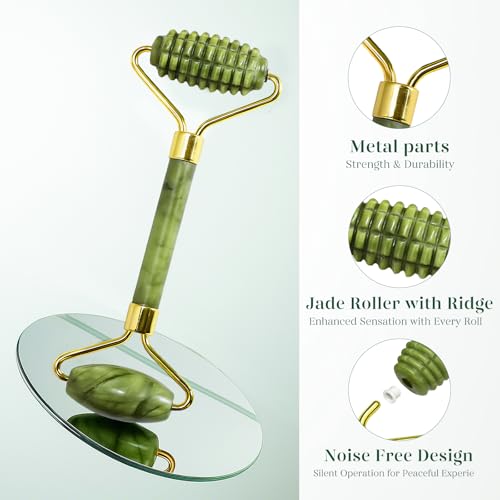 BAIMEI IcyMe Gua Sha and Jade Roller for Face, Natural Jade Face Roller with Ridge Design for Reducing Puffiness & Skin Firming,Facial Sculpting Tool, Self Care Gift for Women Men - color: Green