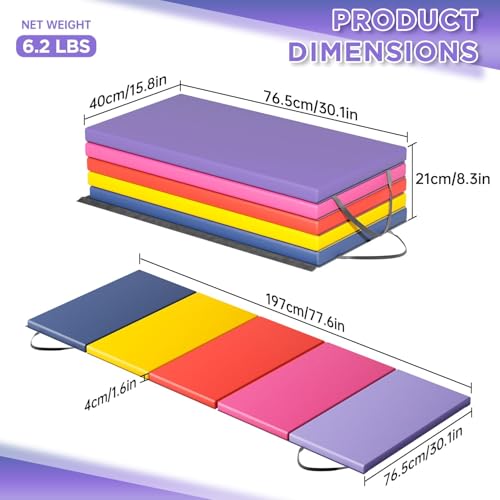 BLKMTY Gymnastics Mats - 2'x6' Folding Exercise & Yoga Mat with Carrying Handles for Kids' Tumbling & Home Gym - color: Colorful