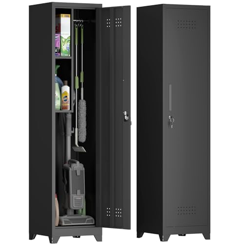 IRONFFICE Metal Utility Closet with Hanging Rod,Narrow Broom Closet with Door,Slim Laundry Storage Cabinet for Bathroo,Gym,Living Room,Black - size: 15.75"D x 15.75"W x 64.96"H-Black