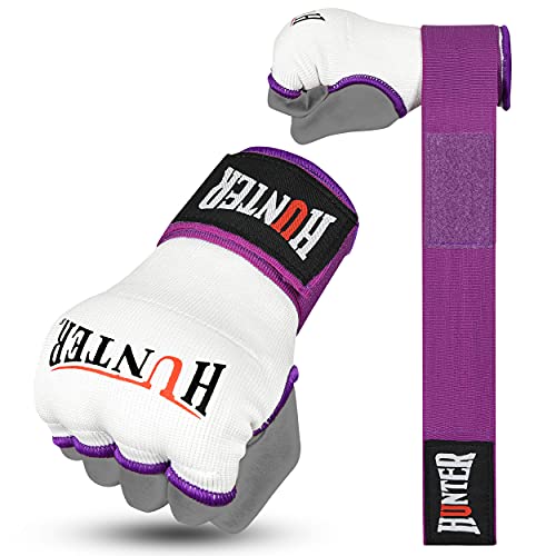 HUNTER Gel Boxing Hand Wraps for Men & Women, Quick Inner Gloves with Wrist Support for MMA, Muay Thai, Kickboxing & Martial Arts Training, Knuckle Protection (Pair) - color: White/Purple, size: Large-X-Large