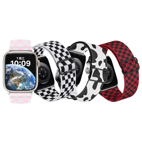 Stretchy Nylon Loop Bands Compatible with Apple Watch 38mm 40mm 41mm 42mm 44mm 49mm Adjustable Soft Elastics Strap Compatible with Apple Watch SE Ultra iWatch Series 8/7/6/5/4/3/2/1 (Black and - color: 1-Black and white check, size: 42mm(Series 3)/44mm/45