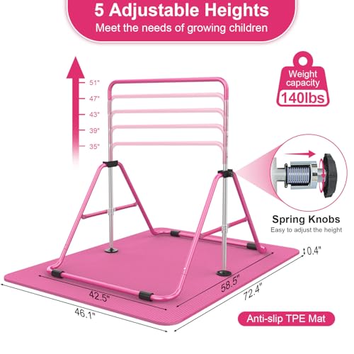 SHIWEI Gymnastics Bar for Kids, Gymnastic Kip Bar 5-Height Adjustable Home | Foldable, Indoor Outdoor Use, 140lb Capacity, for Ages 3-8, with Gymnastics Rings, Anti-Slip & Space-Saving Design - color: Pink with mat