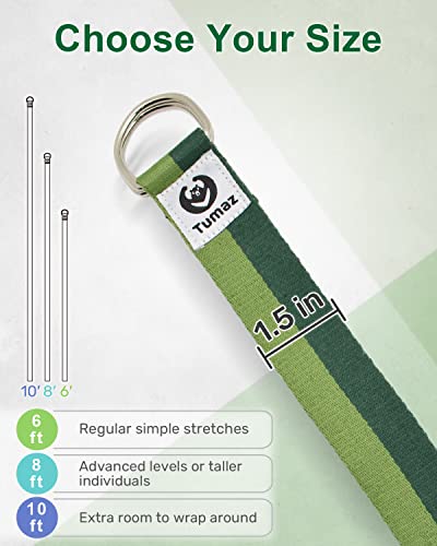 Tumaz Yoga Strap for Stretching with Adjustable D-Ring, 6/8/10 ft | Adjustable D-Ring | Soft Cotton Blend | 15+ Colors | Non-Elastic Yoga Belt for Pilates Stretching & Physical Therapy - color: 04. Army Green, size: 8 Feet (with Storage Band)
