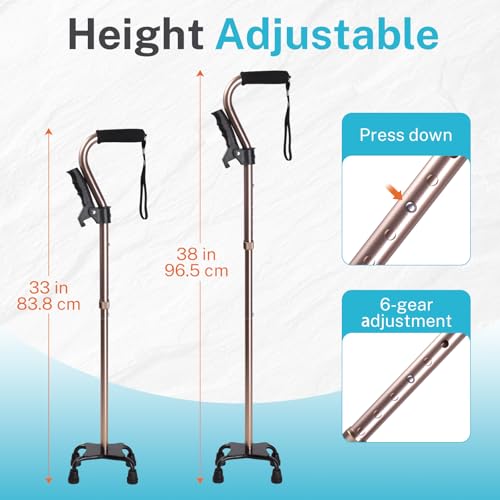 Adjustable Walking Cane for Men & Women – 4-Pronged Base for Stability – Foldable Cane for Seniors with Foam Padded Offset Handle(Champagne)