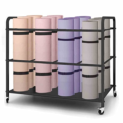 Yoga Mat Storage Rack Basket Workout Equipment Home Gym Storage Rack with Wheels Yoga Mat Holder Exercise & Fitness Organizer for Dumbbell Kettlebells Resistance Bands Yoga Blocks Foam Roller - color: Black