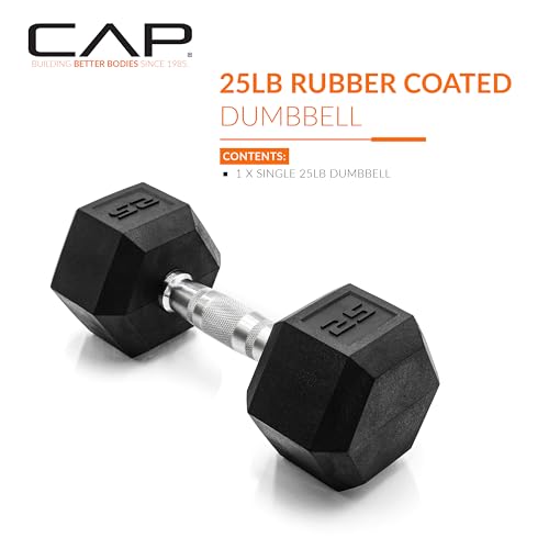 CAP Rubber Coated Dumbbell Weights, Free Weights for Home Gym Strength Training, Anti-Roll Hex Dumbbells with Black, Chrome & Comfort Grip Handles, Singles - size: 25 lb, style: Chrome Handle
