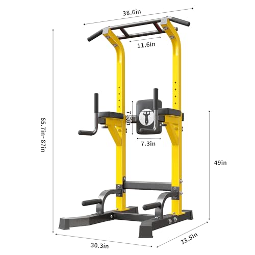 SogesHome Power Tower Pull Up Bar Dip Station for Home Gym 330LB Capacity | Adjustable Height 65.7"-87" Exercise Workout Machine with Comfort Pads & Anti-Slip Grips for Full Body Strength Training - color: Yellow