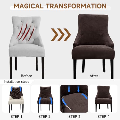 Velvet Wingback Dining Chair Cover Soft Stretch Accent Chair Cover Slipcover Thick Plush Wing Back Chairs Covers Furniture Protect Washable Chairs Protector Covers for Dining Room (Dark Brown, 2) - color: Dark Brown