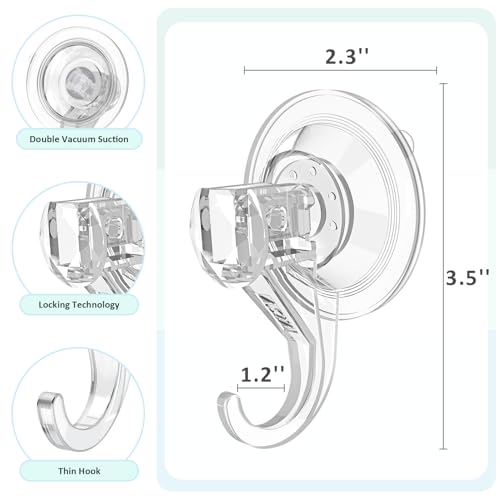 VIS'V Shower Suction Cup Hooks, Removable and Reusable, Clear, Small, 4 Pcs | Clear Invisible Design, Locking Suction Technology, Dual Vacuum Suction, Heavy Duty, Fits for Smooth Flat Surfaces