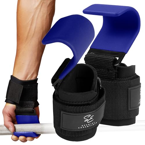 Special Essentials Weight Lifting Hooks - 1 Pair of Premium Steel Hooks with Padded Wrist Straps for Enhanced Grip, Support, and Comfort During Heavyweight Lifting and Pull-ups - Ideal for Powerlifting, Deadlifts, and Rows - color: Blue