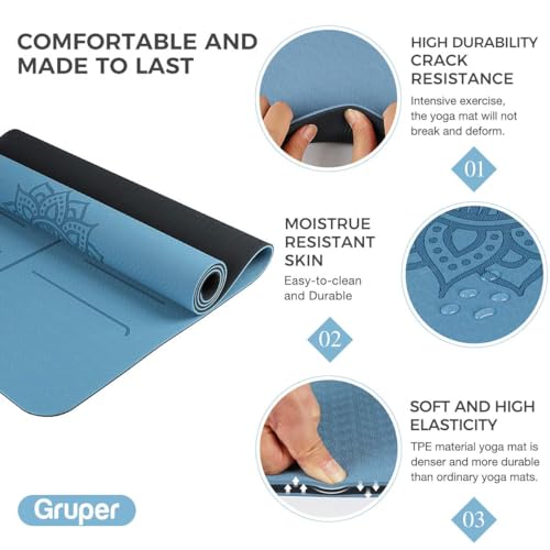 Gruper Yoga Mat Non Slip TPE Extra Wide Yoga Mat with Alignment Mark, 72"L x 32"W x 0.32"/0.24"Th (183cm x 80cm x 8mm/6mm), Anti-Tear Exercise Mat with Carrying Strap and Bag, Workout Mats for Yoga, Pilates - color: Blue Black, size: 0.32*32*72 Inches
