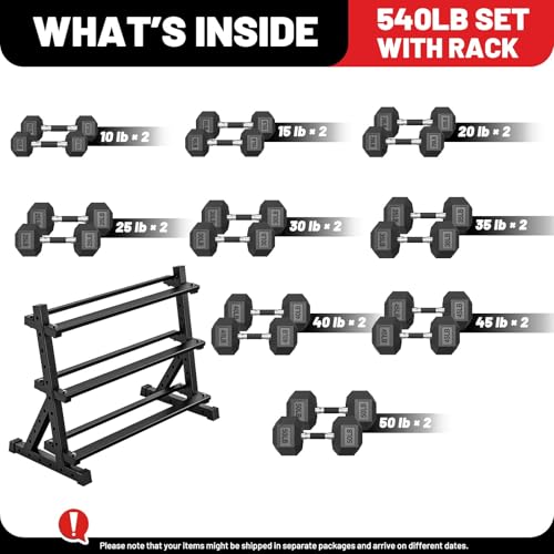 PAPABABE Dumbbell Set with Rack, 540-850lb, Rubber Encased, Home Gym | Complete & Durable Cast Iron Core Odorless PVC Antiroll Hex Shape Ergonomic Chrome Handle Versatile Home Gym - size: 540LB with 3-Tier Weight Rack