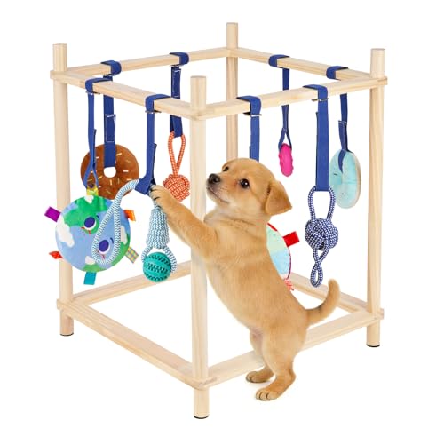 Wooden Puppy Play Gym for Small Dogs, Puppy Jungle Gym with 8 Hanging Toys, Wood Frame Indoor Puppy Gym with Dog Enrichment Toys for Puppies and Small Pets - color: Wood