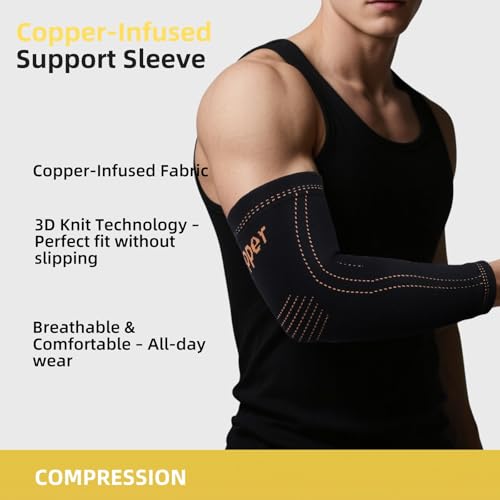 Copper Arm Sleeve | Elbow Brace for Tennis Elbow & Tendonitis | Copper Elbow Compression Sleeve for Men & Women | Sports Support & Recovery (Black, XX-Large) - size: XX-Large