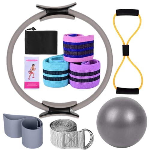 Karlak Yoga Sets for Women Pilates at Home Equipment Pilates Magic Ring Booty Bands for Working Out Glutes Yoga Ball 25cm Figure 8 Resistance Band Yoga Bands for Stretching - color: Grey