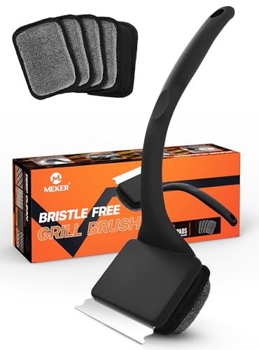 MEKER Grill Brush Bristle Free, Grill Cleaner Brush with 5 BBQ Replacement Head for Cast Iron, Stainless Steel Grates, Safe Grill Scraper Outdoor BBQ Grill, Black - color: Black