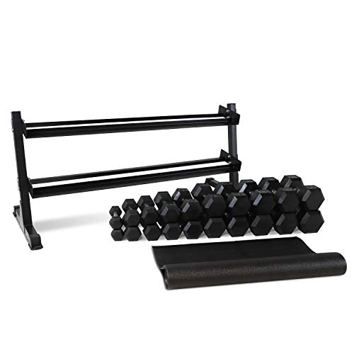 WF Athletic Supply Rubber Coated Hex Dumbbell Set, Multiple Choices Available - Dumbbells with Rack Stand and Mat, or Dumbbells Only (200/550/1200/2100/3000 LB) - color: d. 5 - 50LB w/ 2-tier Rack and Mat