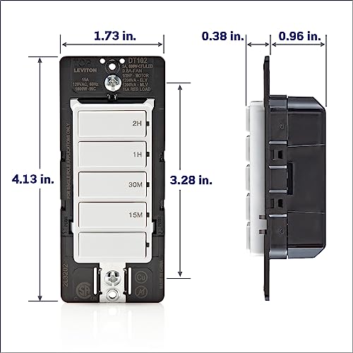 Leviton Countdown Timer Switch for household lights and exhaust fans, 15-30 min, 1-2 hour, No Neutral Wire Required, Single Pole, 15A, 1/2HP/9.8A Fan/Motor, DT102-1LW, White - style: 1-2 hour, No Neutral Required