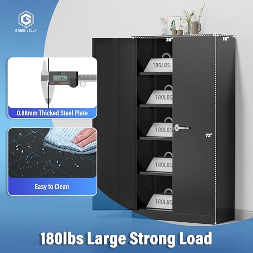 Greenvelly Metal Garage Storage Cabinet, 72'' Tall Storage Cabinet with 2 Doors and 4 Adjustable Shelves, Steel Lockable Tool Cabinets for Home Office, Garage, Basement, School (Black) - color: Black, size: 72 Inch