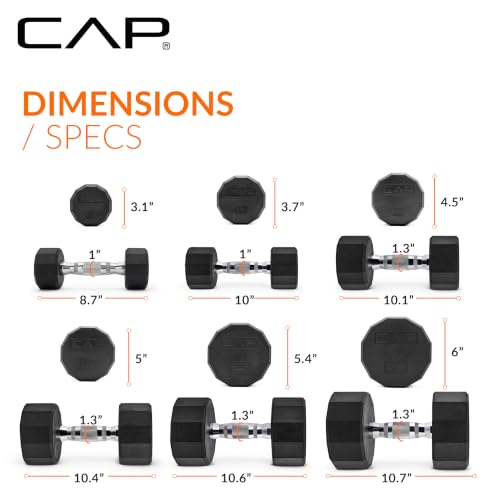 CAP Rubber Coated Hex Dumbbell Set with Storage Rack | 100–210 lb Options, Space-Saving Vertical Compact Storage for Home Gym Strength Training - size: 210 lb - Set - Black Rack, style: 12-Sided Chrome Handle