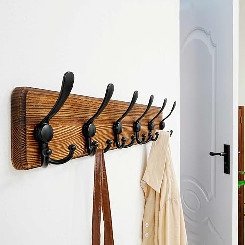 Dseap Coat Rack Wall Mounted - 24" Long 6 Tri Hooks, Heavy Duty Wooden Wall Coat Hanger Coat Hook for Clothes Hat Jacket Clothing, Natural and Black - color: Natural & Black, size: L=24"