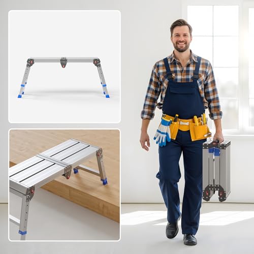 Loyoda Folding Work Platform for Adults, Portable Aluminum Step Stool 500lb | 13.7"-19.5" Adjustable Height, 11.8" x 32.7" Wide Platform for Garage, Painting, Reach High Shelves, Gardening, Car Wash - size: Medium